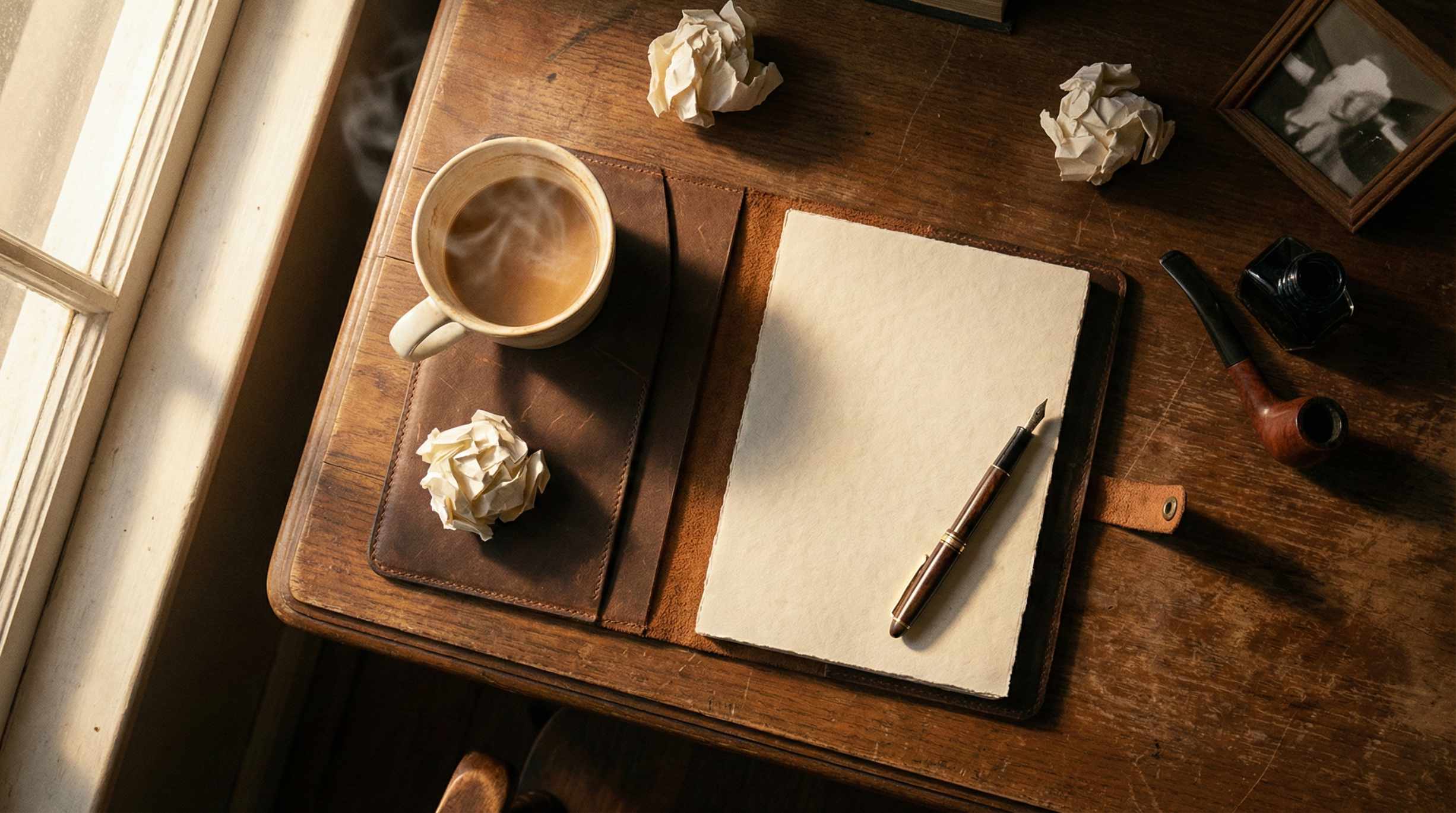 escritor-bloqueo-pagina-en-blanco Escritorio de madera con un cuaderno en blanco y una pluma, representando el inicio de una novela.