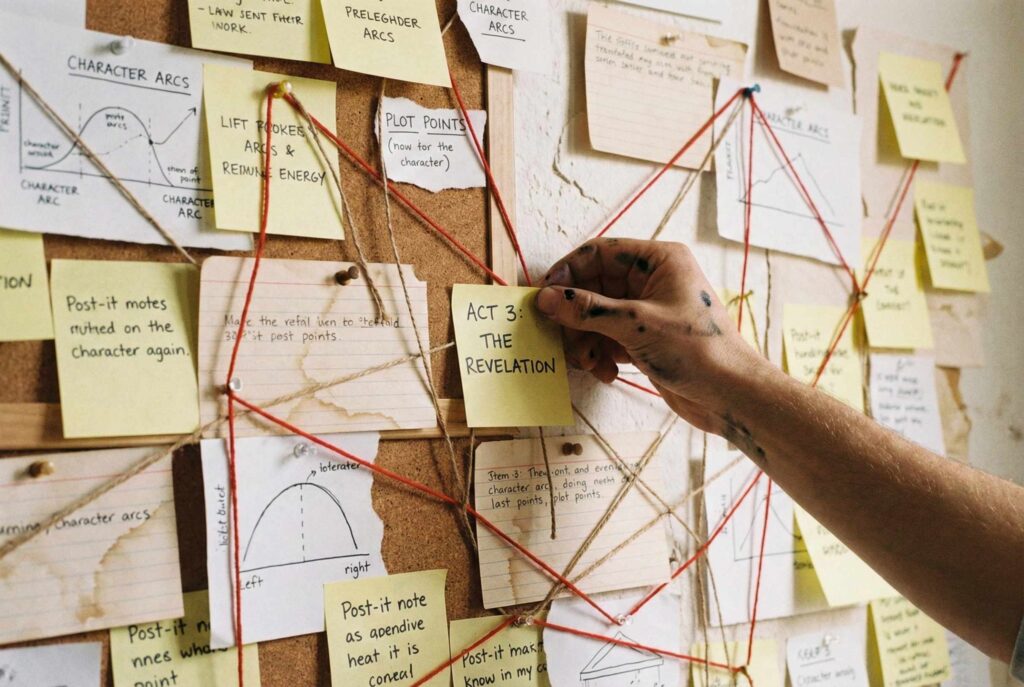 Pared con notas y esquemas narrativos que muestran el proceso de planificación de un libro.